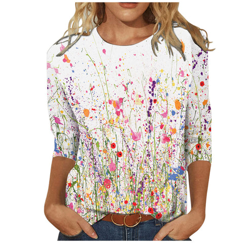 Women's Clothing round Neck 3/4 Sleeves Loose Print T-shirt M300227