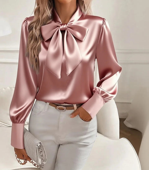 Autumn Long Sleeve Bow Satin Women's Shirt Shirt Top m302359