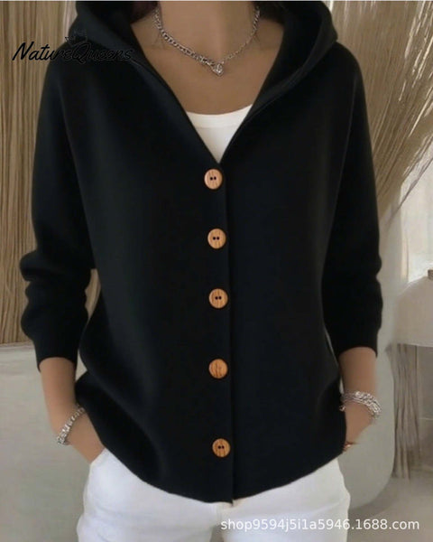 New black button hooded cardigan women's pure leisure fashion sweater jacket women's Christmas m302115