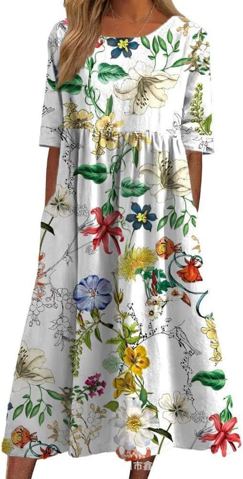 Ladies Casual Crew Neck Pullover Short Sleeve 3D Printing Pleated Waist Swing Long Dress Dress m301299