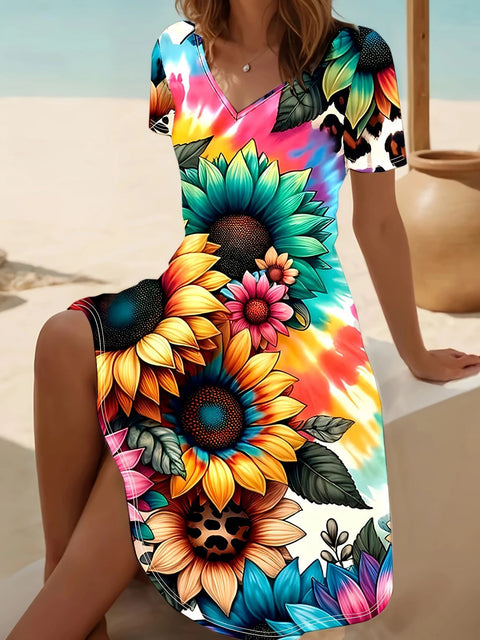 New V-neck casual flower print short-sleeved medium-length dress m302707