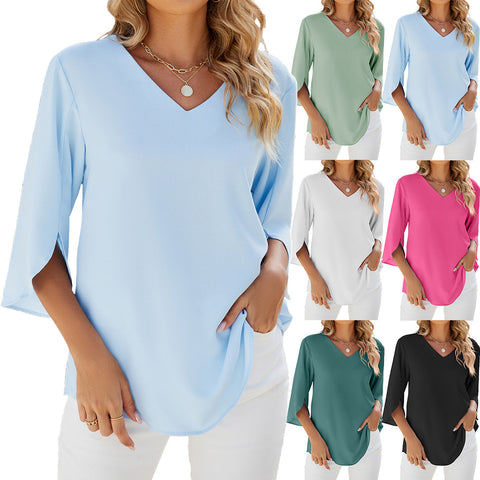 Solid color V-neck medium-sleeved loose chiffon shirt women's top m301658