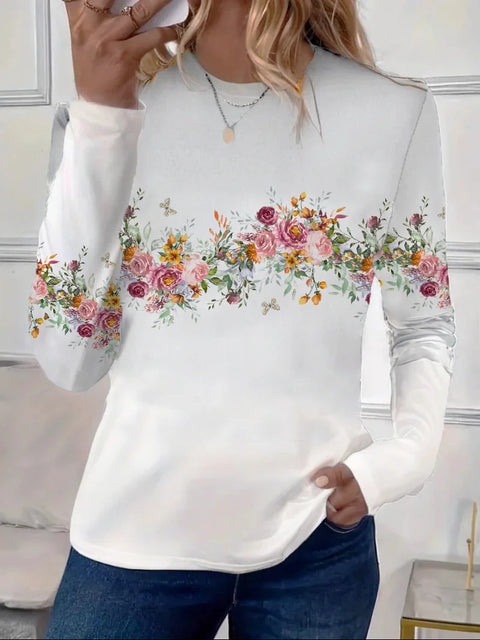 Women's Loose Fashion Retro Classic Printed Crew Neck Long Sleeve T-Shirt m301237