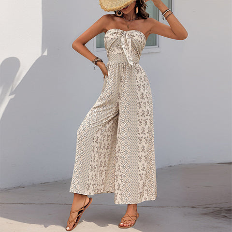 Summer hot-selling high-waisted lace-up wide-leg pants with splicing ethnic style casual wide-leg trousers m300833