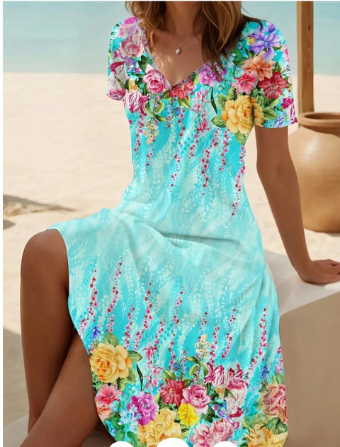New V-neck casual flower print short-sleeved medium-length dress m302707