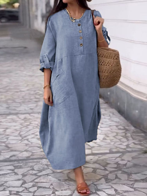 Women's Solid Color Crew Neck Cotton and Linen Long Sleeve Casual Double Pocket Button Long Dress m302717