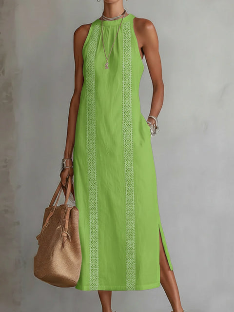 Women's clothing neck holiday solid color lace splicing sleeveless dress m302923