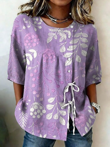 Temperament women's long-sleeved shirt printed top lace-up shirt m302925