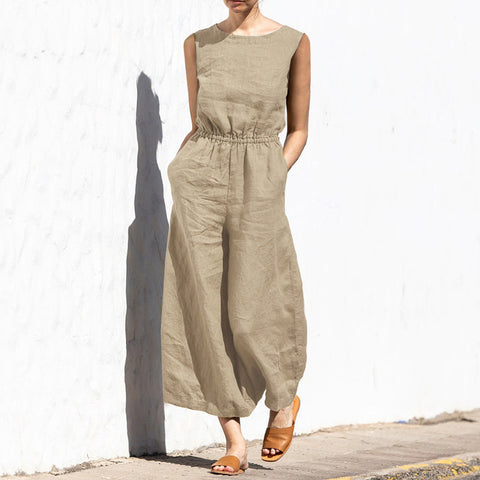 Summer solid color high waist sleeveless trousers women's fashion casual loose temperament jumpsuit m301893