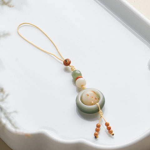 White jade Bodhi root running ring mobile phone chain hand-woven cute Dongling jade keychain pendant m3331261