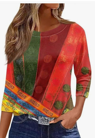 Slim and thin imitation cotton round neck printing solid color seven-quarter sleeve long sleeve m302884