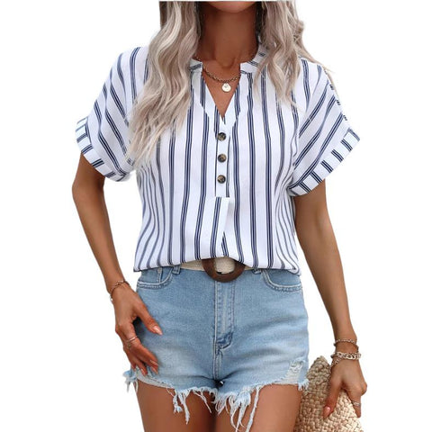 Women's casual style striped breasted V-neck loose short-sleeved shirt women's shirt m302408