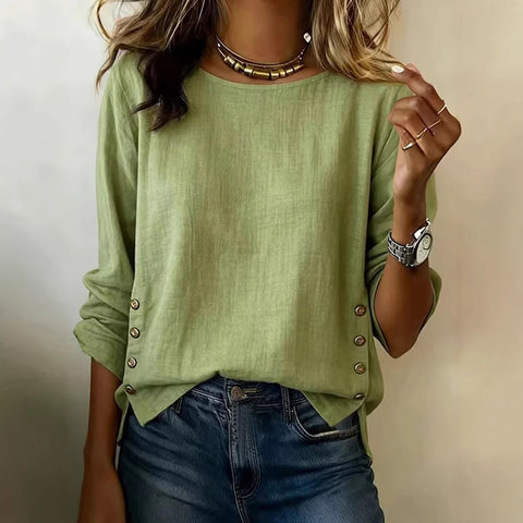 Women's T-shirt solid color round neck casual loose cotton and linen top m302837