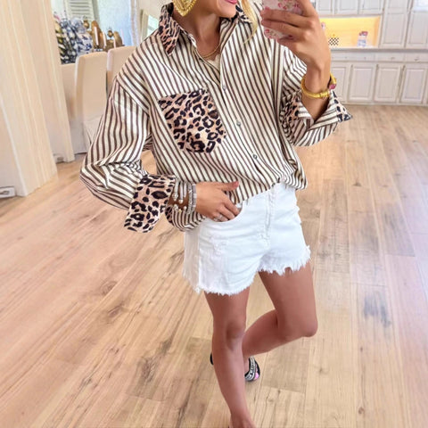 Fashion casual versatile long-sleeved leopard print splicing cardigan striped shirt top m302163