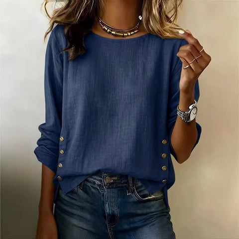 Women's T-shirt solid color round neck casual loose cotton and linen top m302837