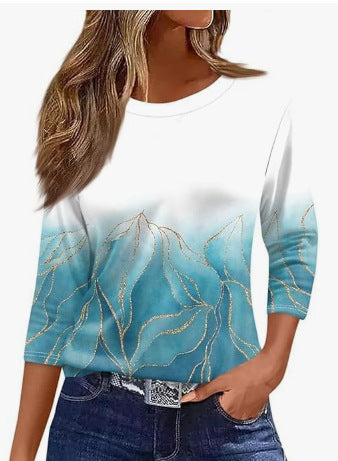 Slim and thin imitation cotton round neck printing solid color seven-quarter sleeve long sleeve m302884