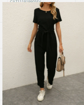 Strap waist solid color jumpsuit m301180