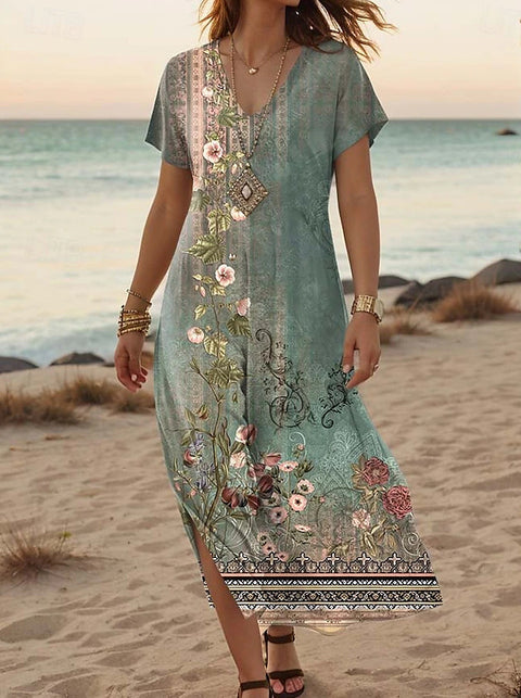 Creative floral women's summer new V-neck short-sleeved dress m301230