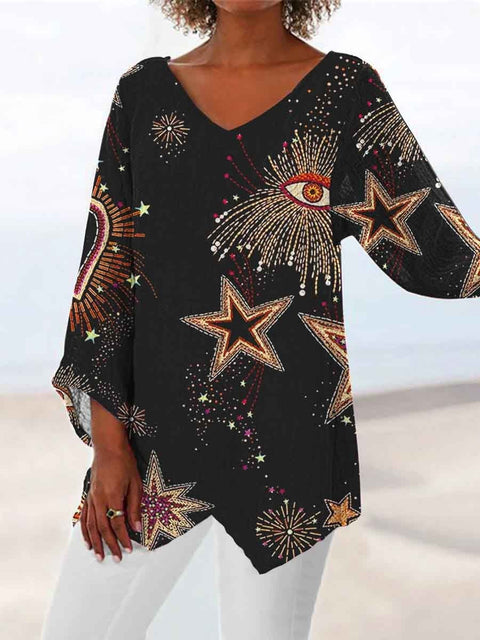 Women's printed animal natural scenery V-neck nine-quarter sleeve loose T-shirt m301289