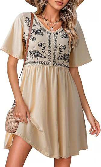 Casual loose V-neck print waist short-sleeved women's dress m302347