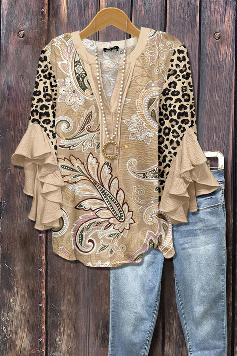 Digital printing casual trend V-neck lotus edge T-shirt women's m302725-1