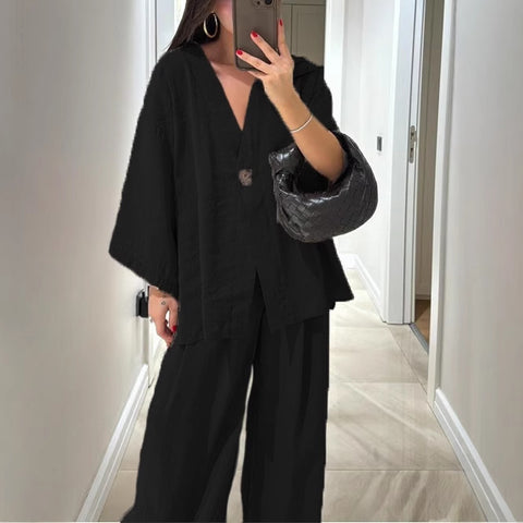 Fashion casual suit V-neck one-button loose long-sleeved top high-waisted trousers two-piece set m301966