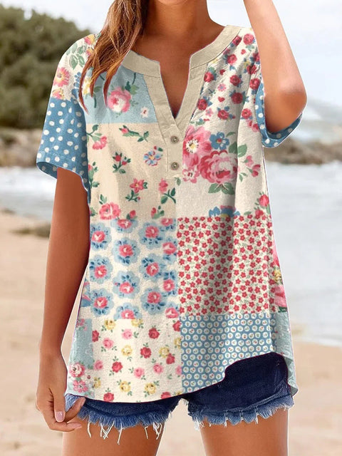 Printed V-neck pullover short-sleeved T-shirt m303021