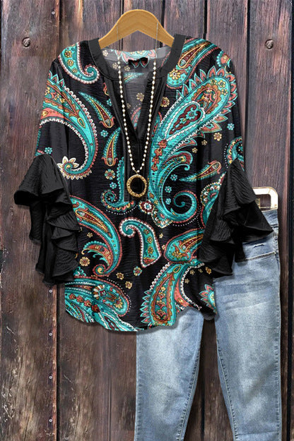 Digital printing casual trend V-neck lotus edge T-shirt women's m302725-1