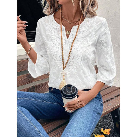Casual loose embroidered lace v-neck women's clothing m301476