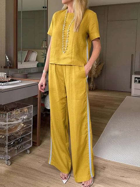 Crew neck pullover new trousers cotton and linen multi-color women's suit m302722
