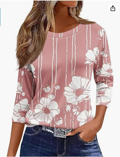 Slim and thin imitation cotton round neck printing solid color seven-quarter sleeve long sleeve m302884