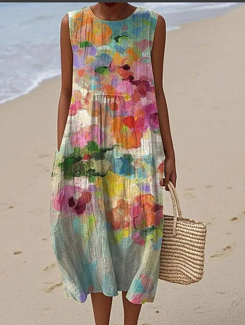 Summer sleeveless pocket casual print temperament long dress dress m302454