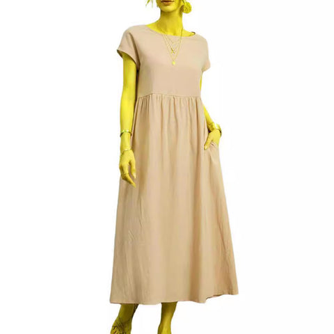 Sleeveless loose cotton and linen pocket dress m301061