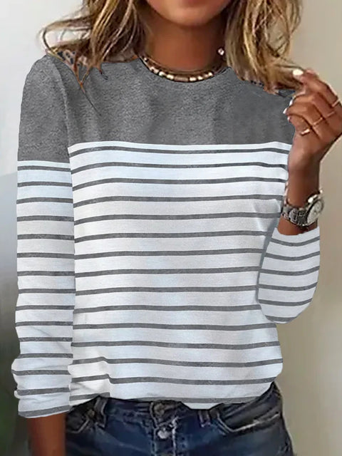 Long Sleeve Striped Two-Color Printed Splicing Crew Neck Top T-Shirt m300892