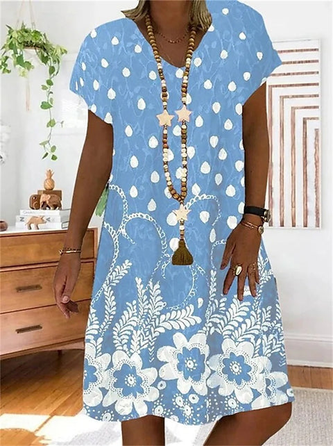 Women's V-neck printed medium and long short-sleeved dress m300932