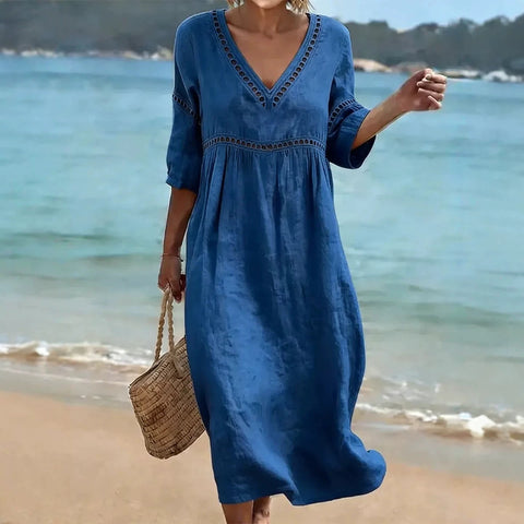 New elegant casual V-neck solid color medium-sleeved women's dress m303026