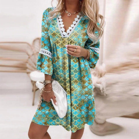 V-neck Printed Lace Stitching Bohemian Casual Vacation Style Dress M300213