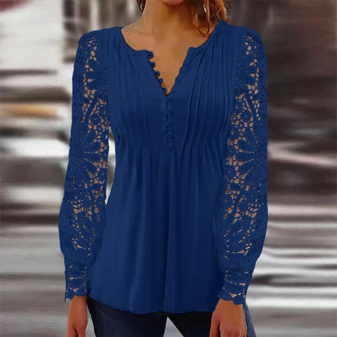 Lace Sleeve Pleated Solid Color Button T-Shirt Bottom Shirt m301333