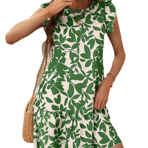 Crew neck flying sleeve printed lotus leaf edge dress women m301018