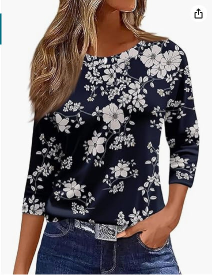 Slim and thin imitation cotton round neck printing solid color seven-quarter sleeve long sleeve m302884