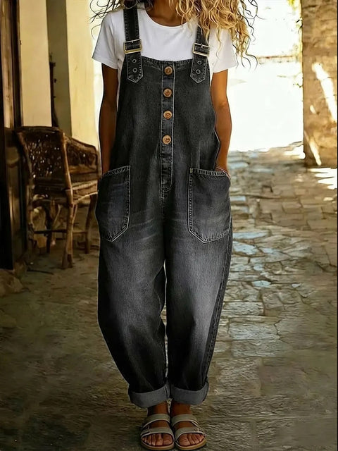 Stylish retro old loose women's casual denim jumpsuit with adjustable buckle m302836