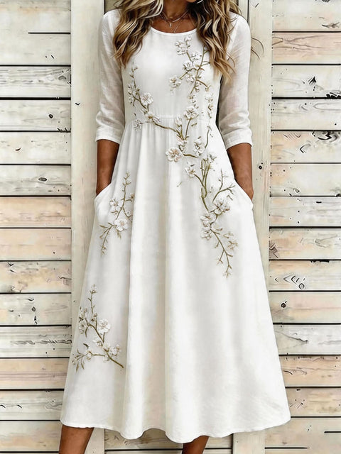 Creative floral elements seven-quarter sleeve long dress casual loose pocket dress m302768