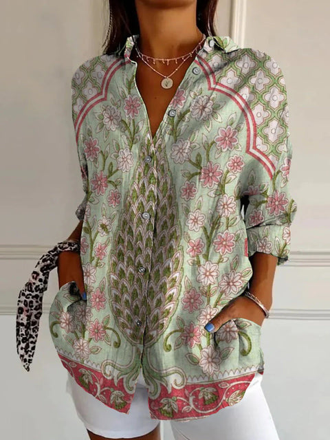3D digital printing abstract pattern women's long-sleeved buckle linen shirt m302749-01