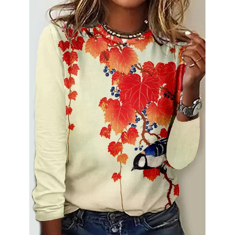 Long Sleeve T-Shirt Women's Solid Color Flower m300934