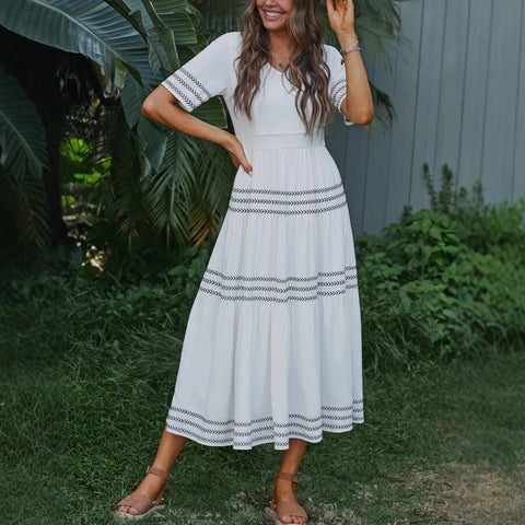 Long skirt short sleeve casual V-neck embroidered women's clothing m301524