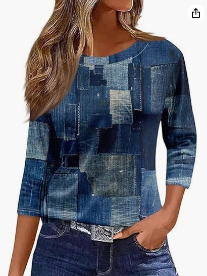 Slim and thin imitation cotton round neck printing solid color seven-quarter sleeve long sleeve m302884