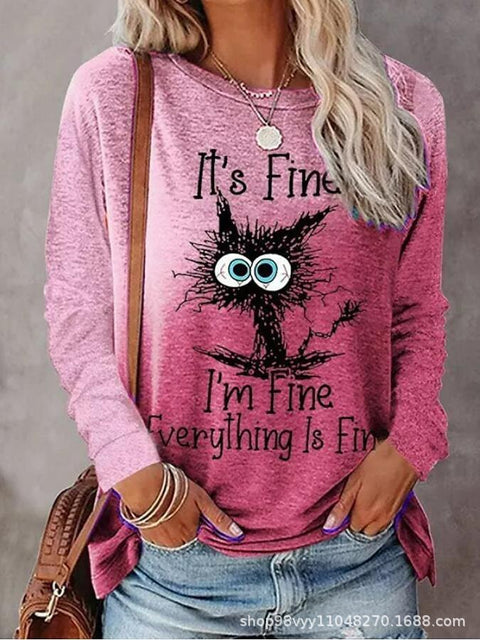Pet cat gradual change color 3D printing long sleeve T-shirt round neck T-shirt m302928