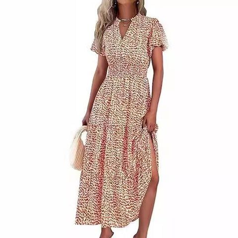V-neck bubble pleated printed short sleeved dress m300104
