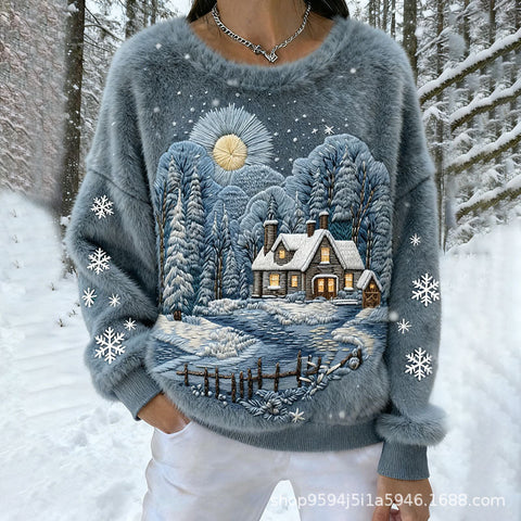 Digital printed flannel christmas ladies crew neck sweater autumn and winter m302198