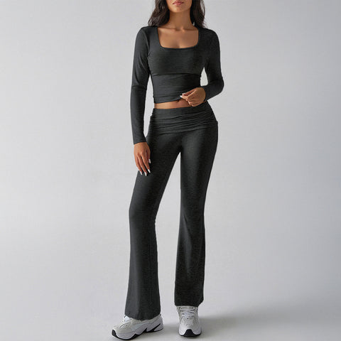 Solid color casual knitted long-sleeved top yoga suit two-piece pants set m301815